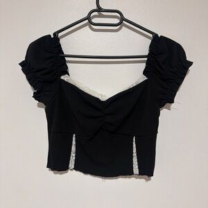 Black Puff Sleeve Lace-Trim Crop Top